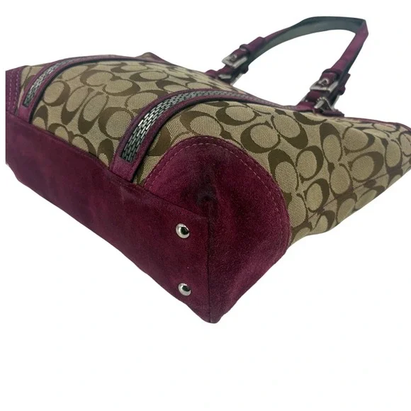 Coach Signature Canvas Tote Suede Trim Purple Interior Shoulder Bag - Picture 8 of 10